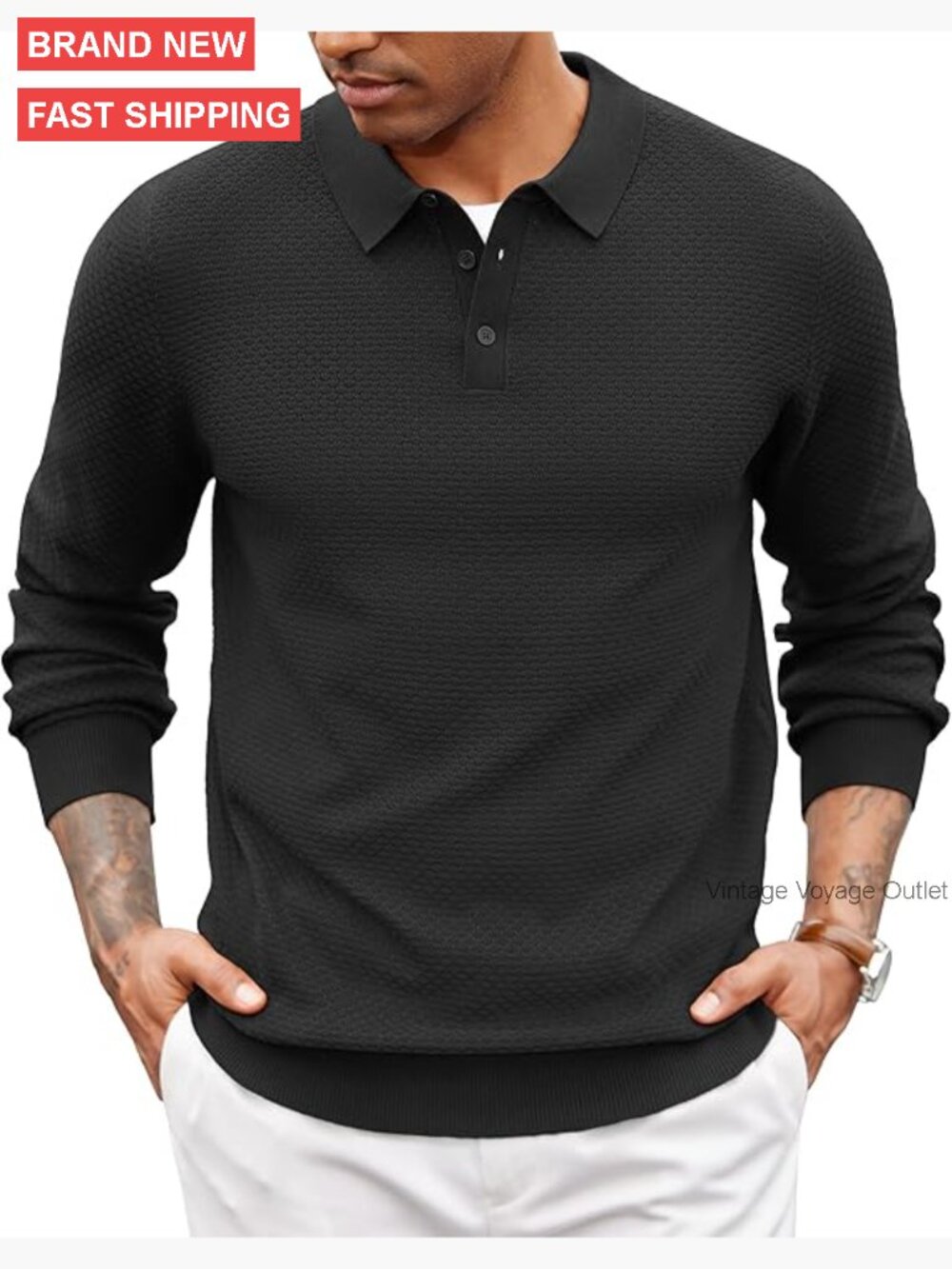 Men's Long Sleeve Knit Polo Sweater Quarter Button Casual Golf Waffle